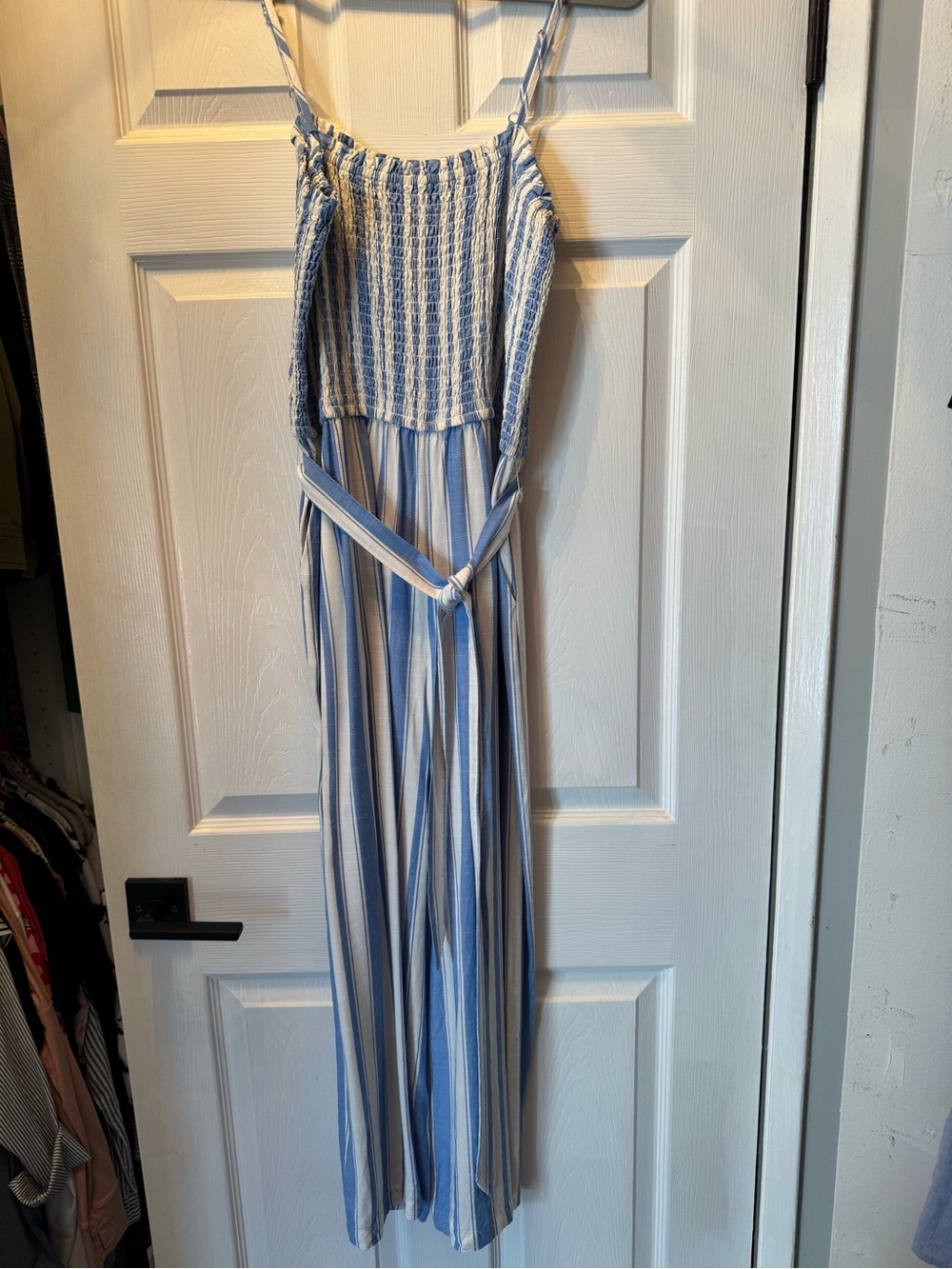 LOFT Blue and White Striped Smocked Jumpsuit - L